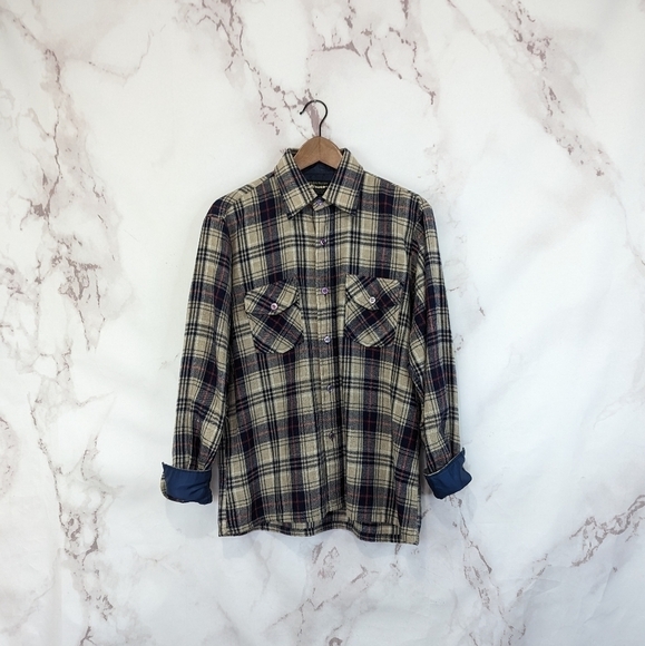 Vintage Wool Shirt Mens Medium Button Up 60's Plaid Brewster West Tan Brown Long - Picture 1 of 16